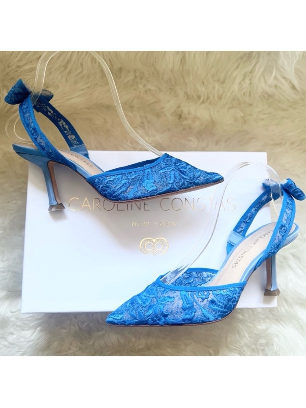 New! Caroline Constas Blue Lace Bow Slingback Pointed Toe Heels EU 37 Rare